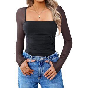 Women's Square Mesh Neck Long Sleeve Bodysuit Shirts Sexy Sheer Black Tops